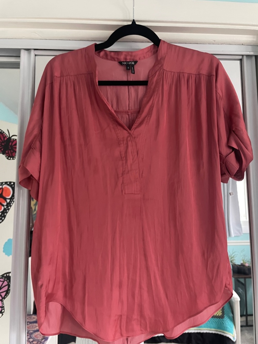 NIC+ZOE Coral Pink Split-Neck Short Sleeve Tunic